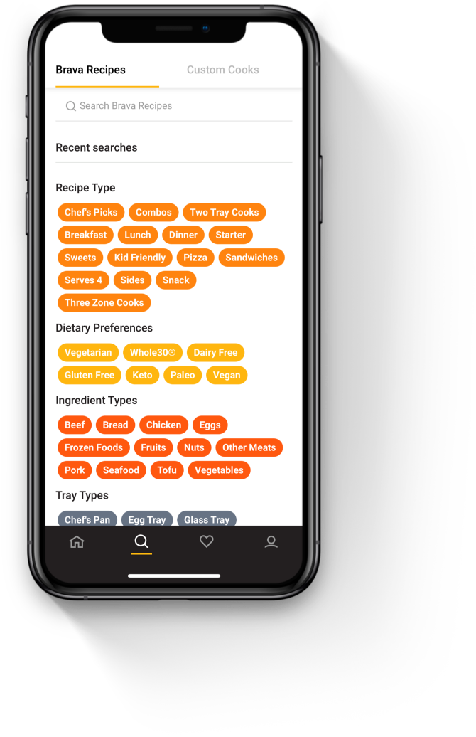 Mobile app UI, Brava recipes search with all kinds of filters